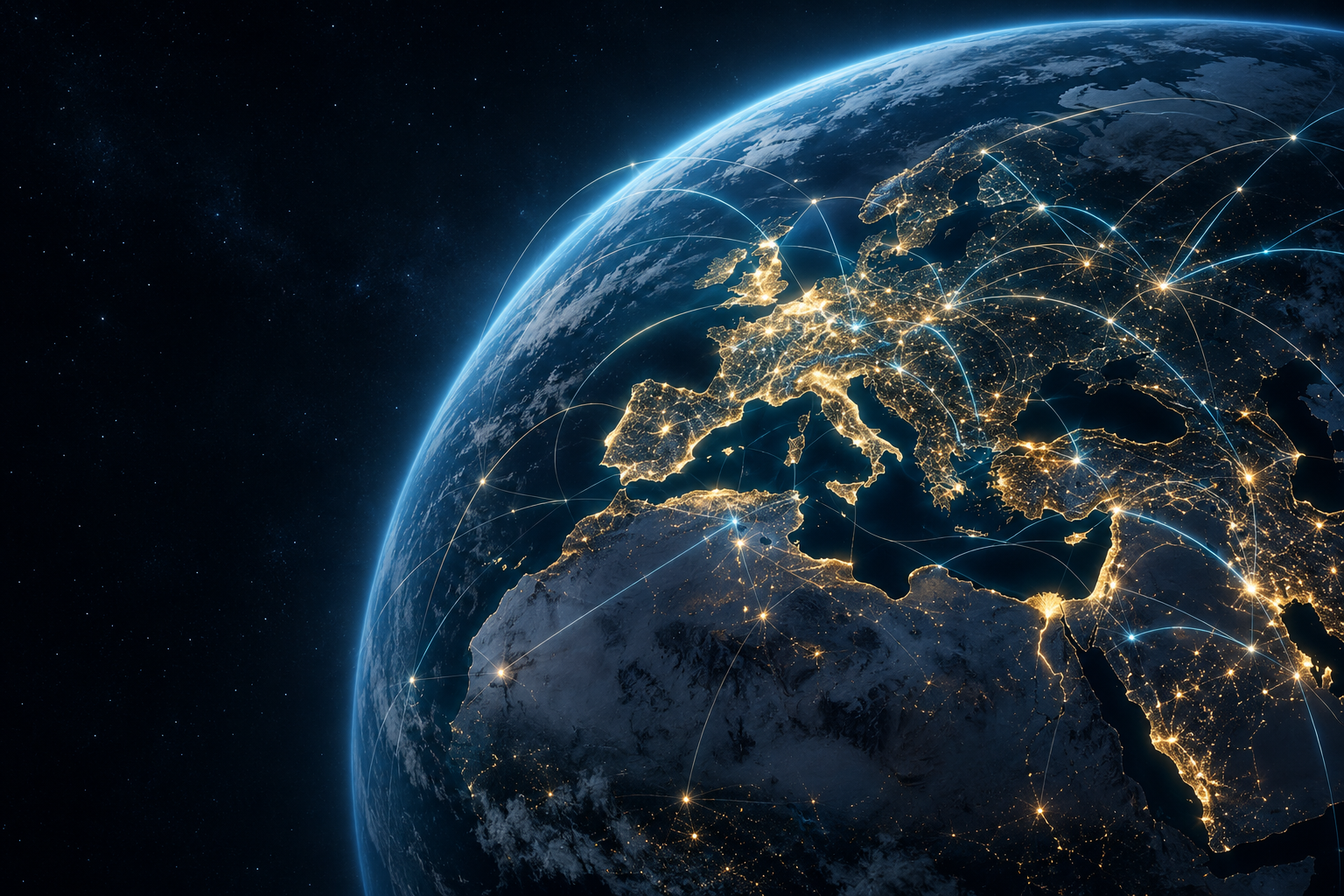 La Tierra de noche conectada por redes luminosas